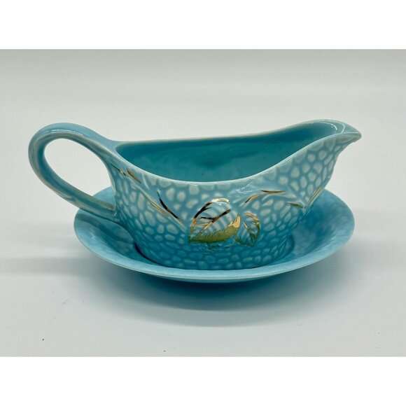 Wade Golden Turquoise Small Gravy Boat Sauce Pitcher w Under Plate Gold Teal A - Picture 2 of 10